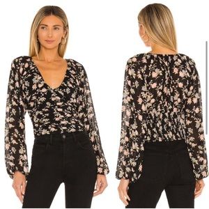 Free People Black Floral New Final Rose Cropped Shirred Blouse Top Small